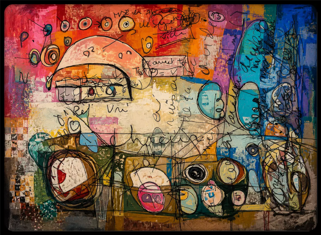 Œuvre colorée de fredJeanGil mêlant formes abstraites, signes graphiques, cercles, visages cachés et lignes manuscrites. Artiste émergent ou confirmé ?