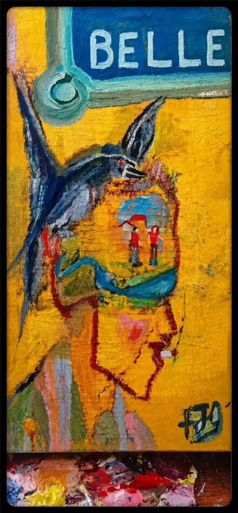 Peinture Belleville de fredJeanGil, visage d’homme fumant traversé par un corbeau et deux personnages.