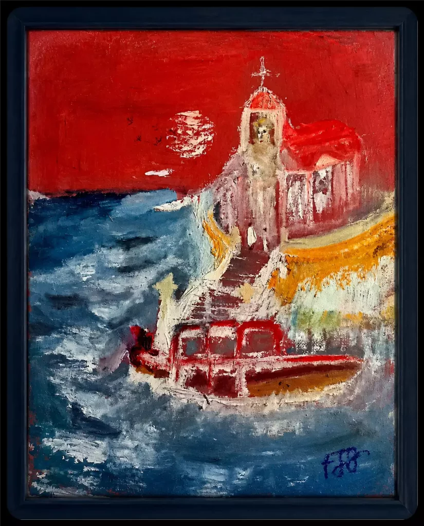 Peinture La Chapelle Rouge de fredJeanGil, bateau rouge sur la mer prenant la forme d’une chapelle.