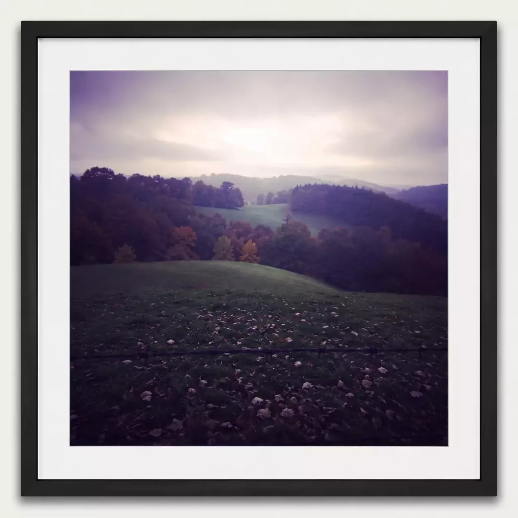 Vallée boisée sous un ciel violet et lumineux, photographie de paysage onirique par fredJeanGil