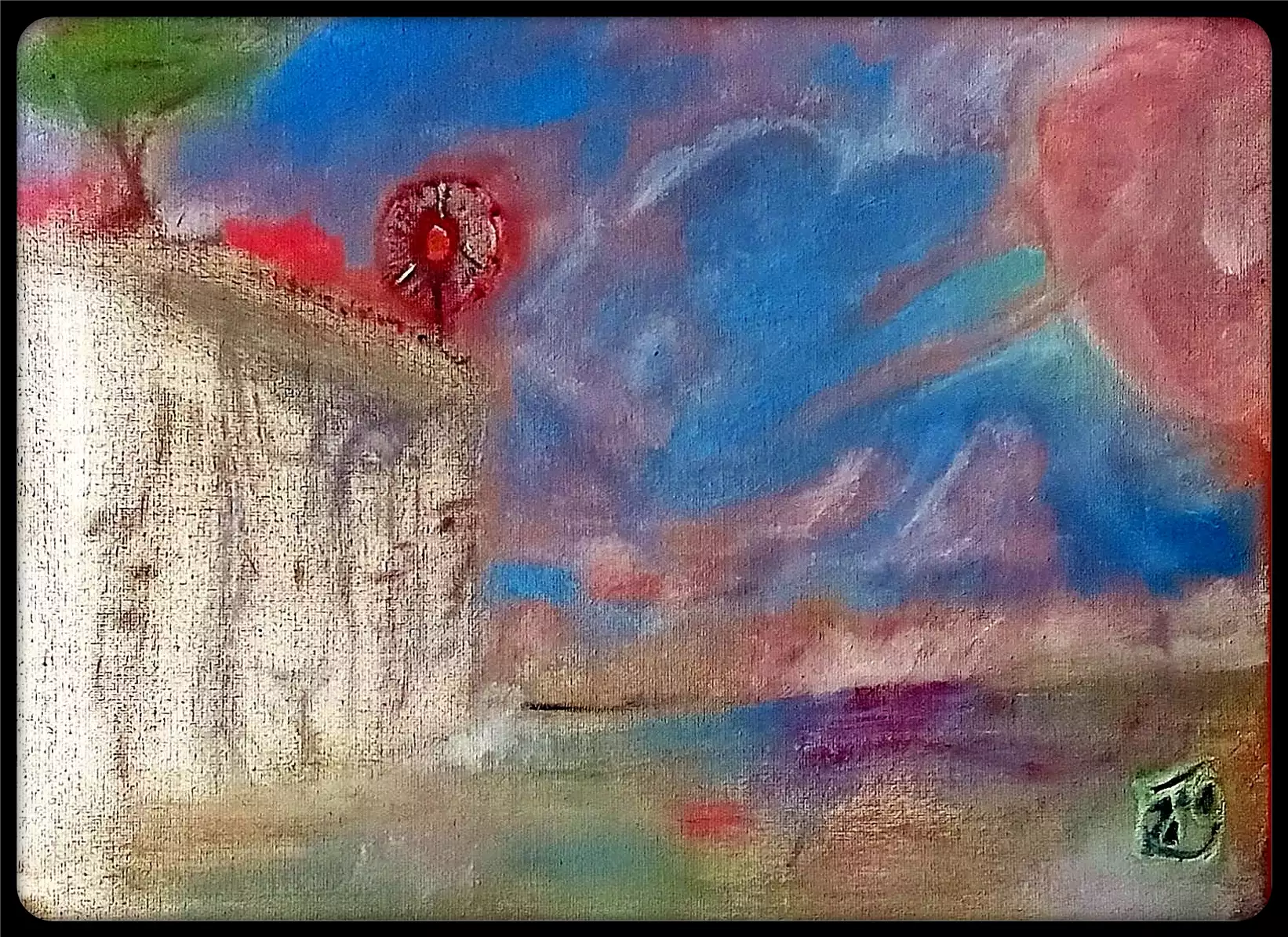 Le Soleil-Éléphant au bord de la falaise — peinture à l’huile pareidolie 30×40 cm