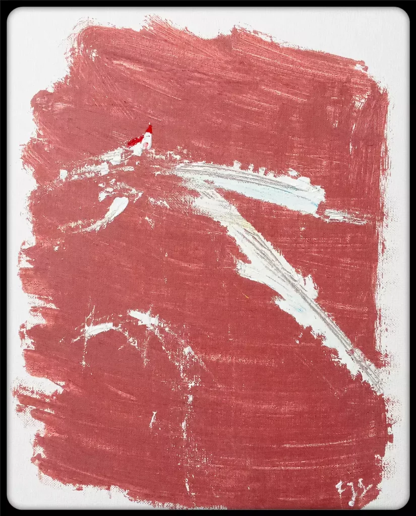 Peinture Le Village Marin de fredJeanGil, forme rouge abstraite laissant apparaître un village au bord de l’eau.